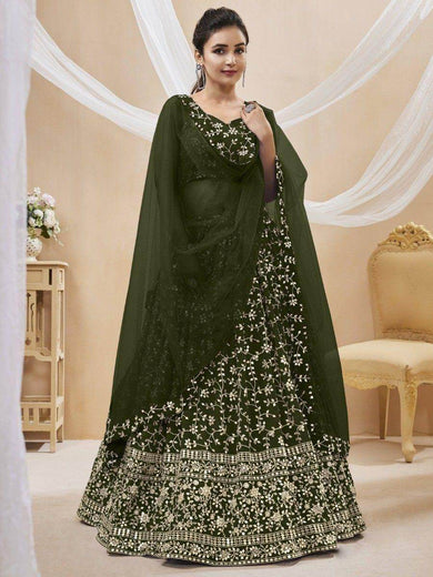 Bewitching Green Embroidered Georgette Mehendi Wear Lehenga Choli